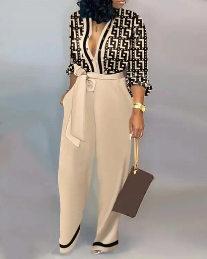 Autumn Casual Women Jumpsuits Print V-Neck High Waist Belt Long Sleeve Elegant Straight Pants Jumpsuit Rompers For Women