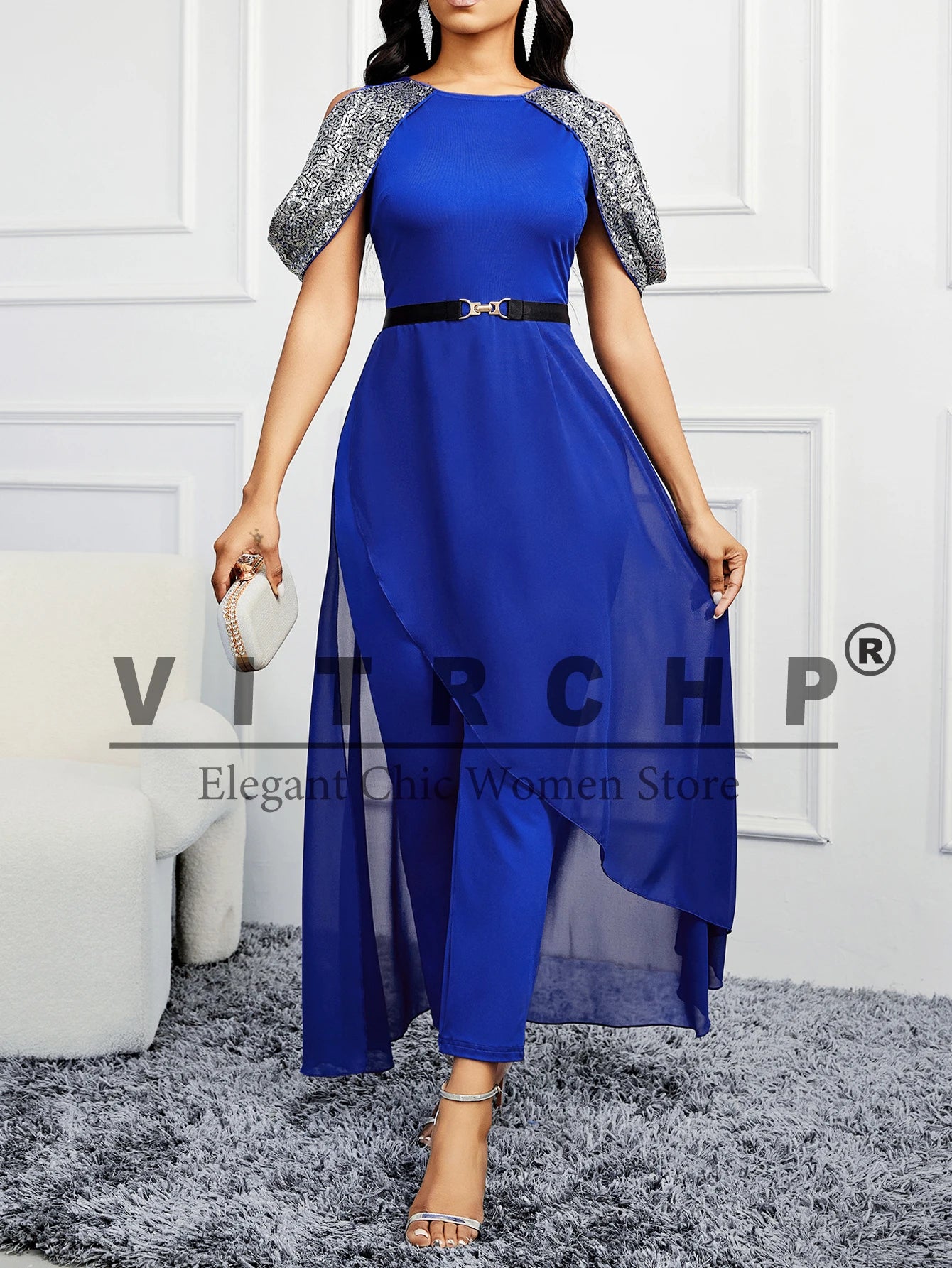 VITRCHP 2024 Elegant Slim Fit Temperament Women's Office Belt Luxurious Design Jumpsuit High Waisted Birthday Party Jacket