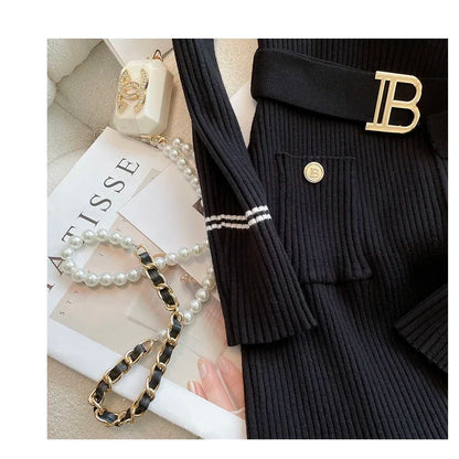 New Autumn Winter Women Knitted Dress Brand Fashion O-neck Buttons Bodycon Sweater Dress with Belt Lady Office Dress