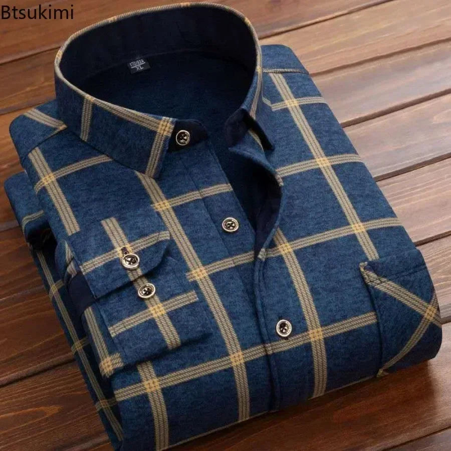 2024 Men's Winter Warm Long Sleeve Plaid Shirts Flannel Fur Lined Thick Formal Shirts Fleece Casual Shirt for Men Dress Shirts