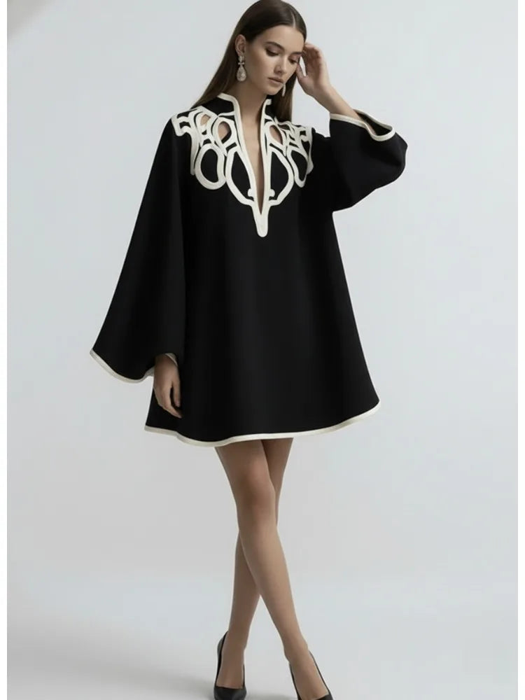 Freeacy Women's Hollowed Stand Collar Loose Mini Dress 2026 Spring New Contrast Color Long Sleeves Vacation Party Dresses