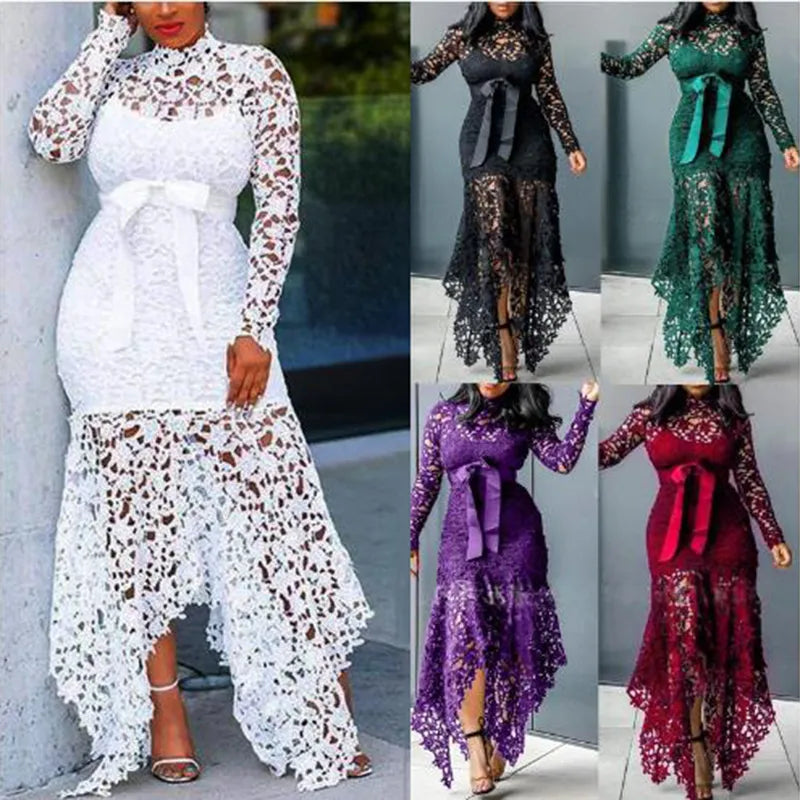 2023 New Women's Street Wear Lace Hollowed Out Long-sleeved Stand-up Collar Lace-up 5-color White Black Blue Top Irregular Dress