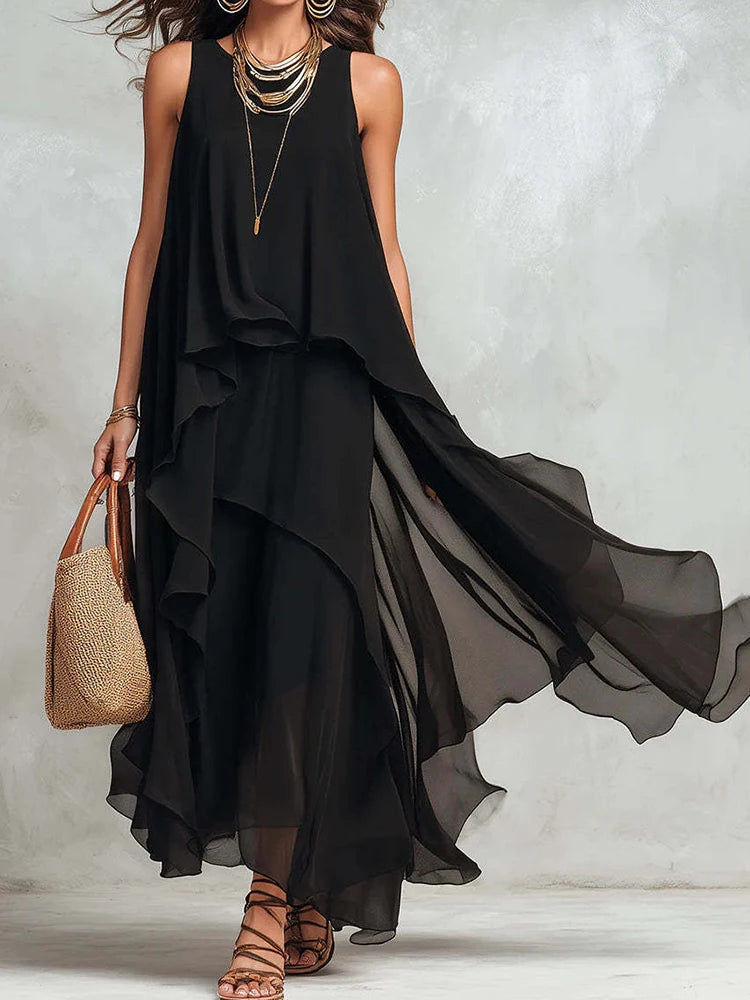 New Women's Sleeveless Black Color Maxi Dress Summer Holiday O Neck Elegant Chic Loose Fashion Ladies Irregular Dress Streetwear
