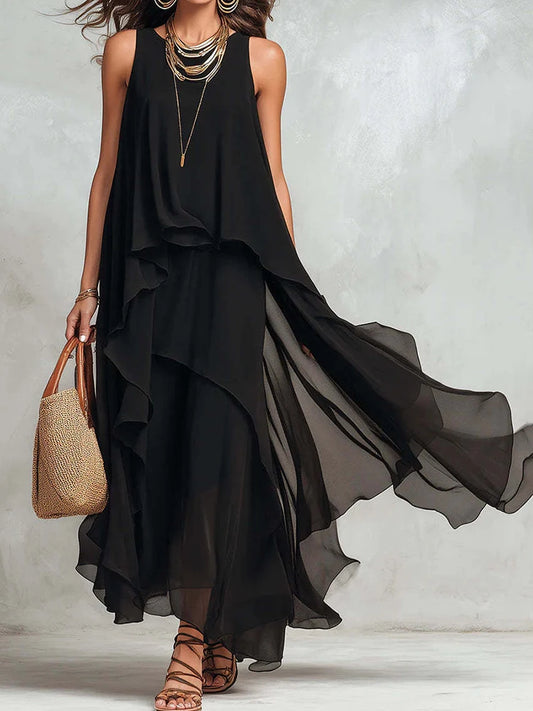 New Women's Sleeveless Black Color Maxi Dress Summer Holiday O Neck Elegant Chic Loose Fashion Ladies Irregular Dress Streetwear