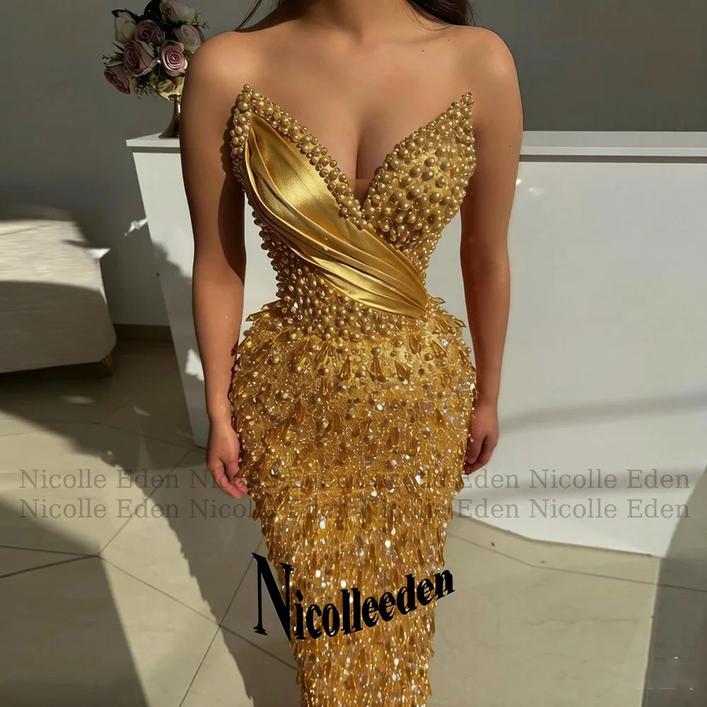 Nicolle Luxury V Neck Prom Dresses for Women Pearls Crystals Sequined Pleats Sheath Party Vestidos De Festa Customized