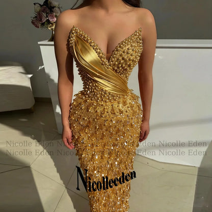 Nicolle Luxury V Neck Prom Dresses for Women Pearls Crystals Sequined Pleats Sheath Party Vestidos De Festa Customized