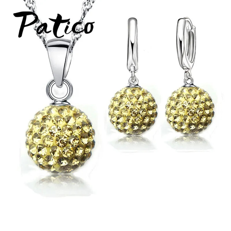 Hot New Jewelry Sets 925 Sterling Silver Austrian Crystal Pave Disco Ball Lever Back Earring Pendant Necklace Woman