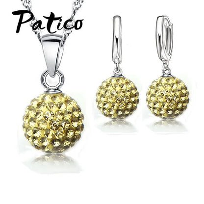 Hot New Jewelry Sets 925 Sterling Silver Austrian Crystal Pave Disco Ball Lever Back Earring Pendant Necklace Woman
