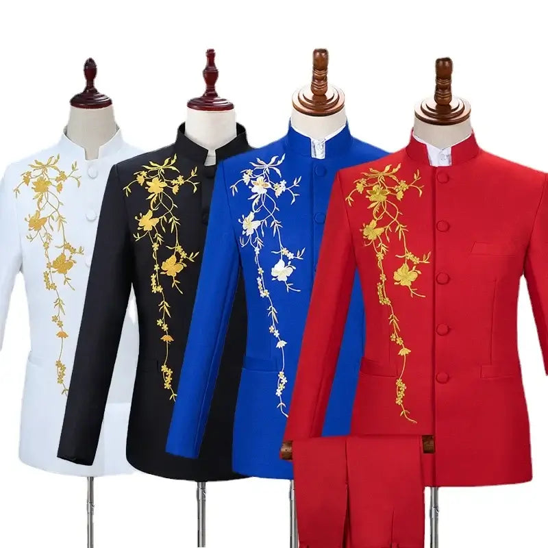 Neuer Herren Stehkragen Bestickter Anzug 2-teilig Schwarz / Weiß / Rot Mode Herren Bühne Party Perform Blazer und Hose