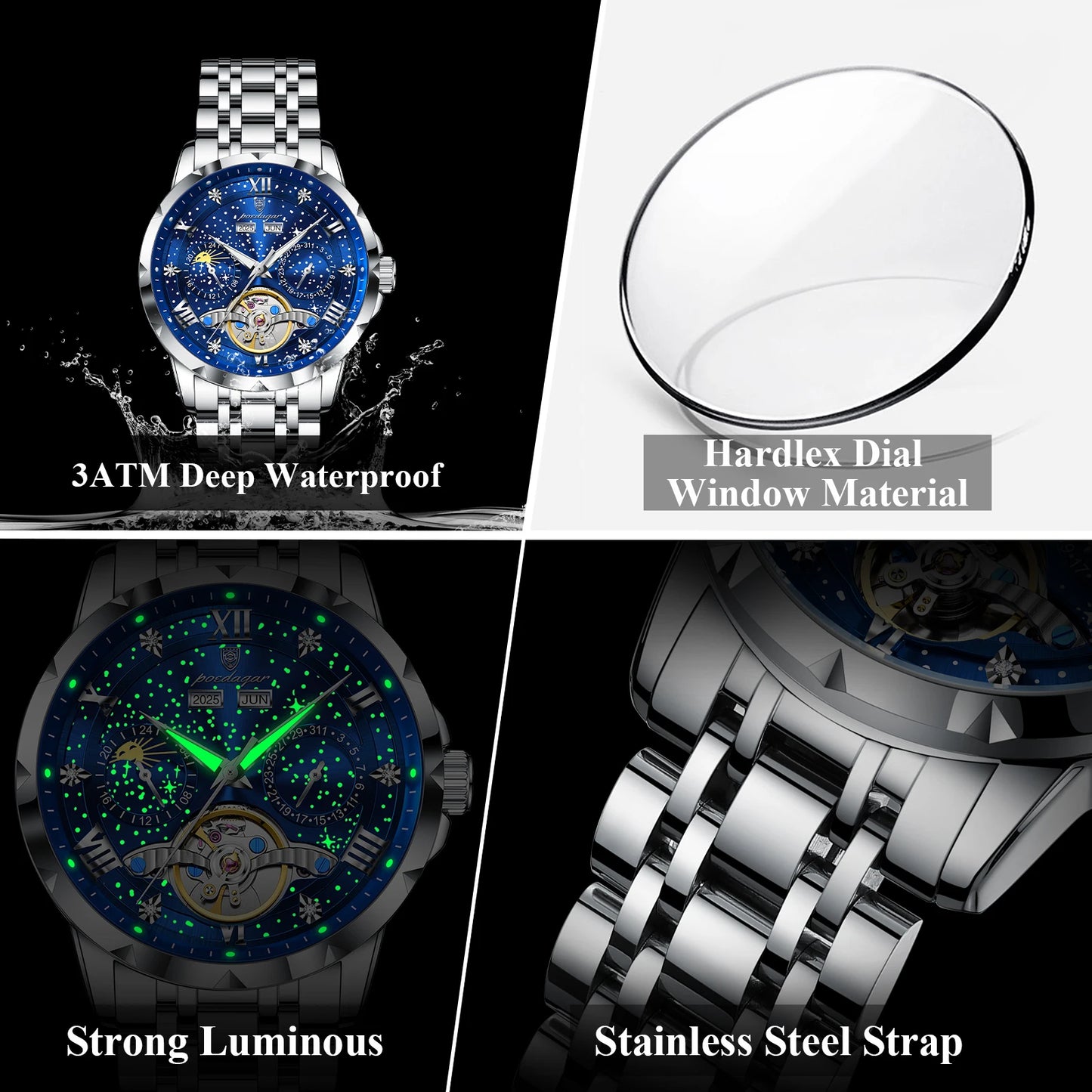 POEDAGAR Top Original Men Clock Automatic Mechanical Stainless Steel Men's Watches Calendar Hollow Tourbillon Man Watch Male+Box