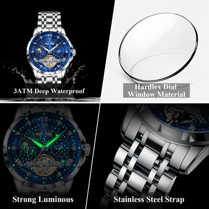 POEDAGAR Top Original Men Clock Automatic Mechanical Stainless Steel Men's Watches Calendar Hollow Tourbillon Man Watch Male+Box