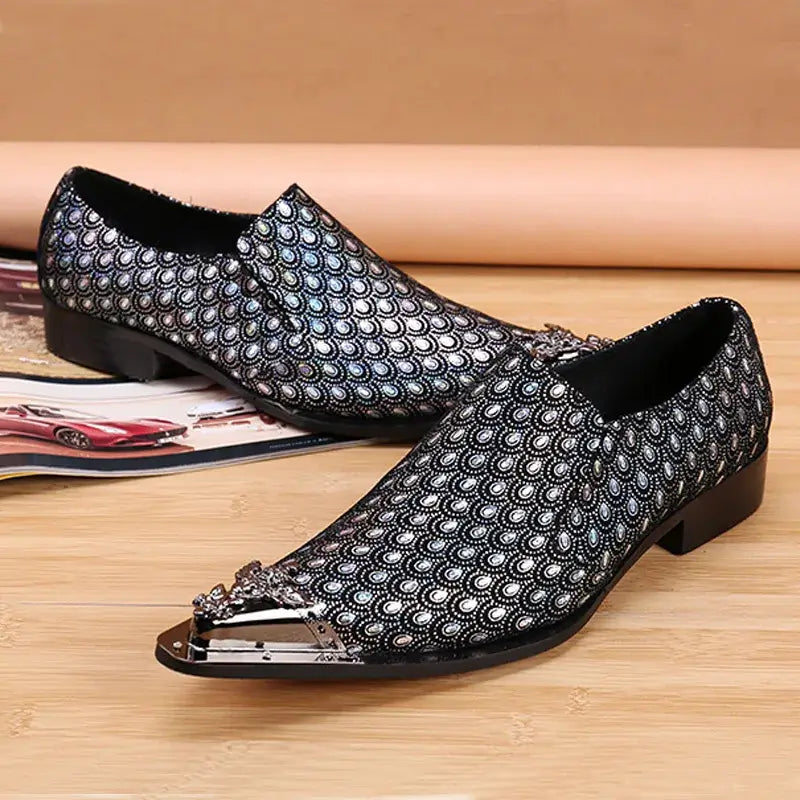 2024 Western Mode Spitz Zehen Metall Abendkleid Schuhe Blau Grau Party Hochzeit Lederschuhe für Herren
