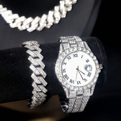 3pcs Men's Silver Watch Set Hip-hop Punk Inlay Diamond Watch+Cuban Chain+Bracelet Comes With Strap Adjuster Stylish Jewelry Gift