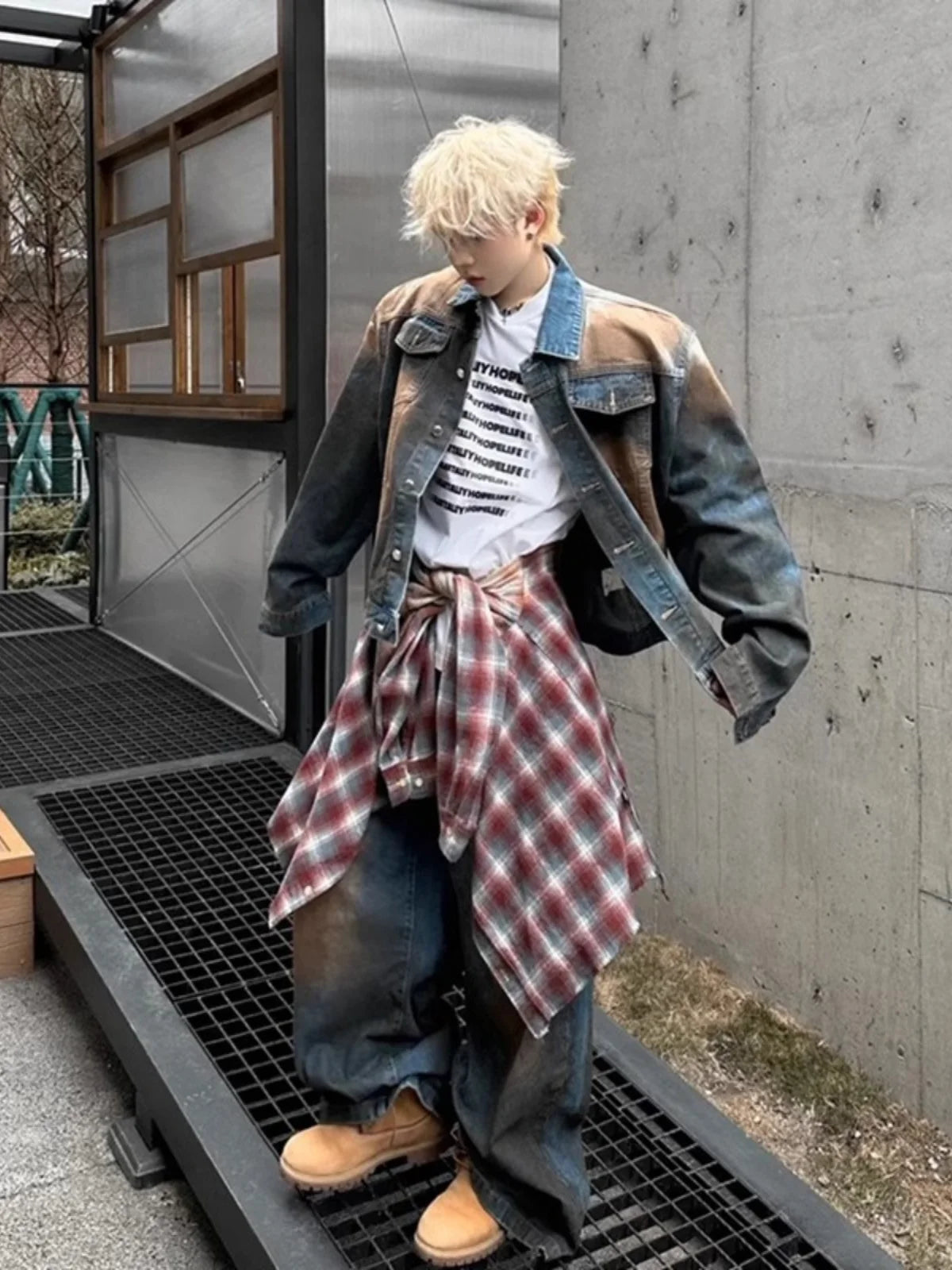 American Style Faded Denim Jacket And Pants Set Men's Trendy Vintage Washed Shoulder Padded Jeans Outerwear for Teens