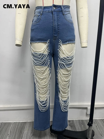 CM.YAYA Women Fashion Pearl Beading Ripped Hollow Out Tassel Wide Leg Jeans  New Summer INS Street Denim Pants Trousers