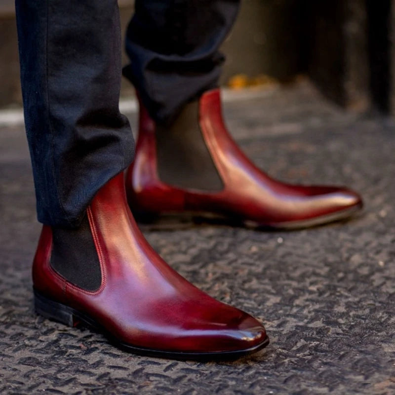 Red Bottom Chelsea Boots for Men Round Toe Slip-On Business Ankle Boots Size 38-46 Men Short Boots Zapatos Para Moto Hombre