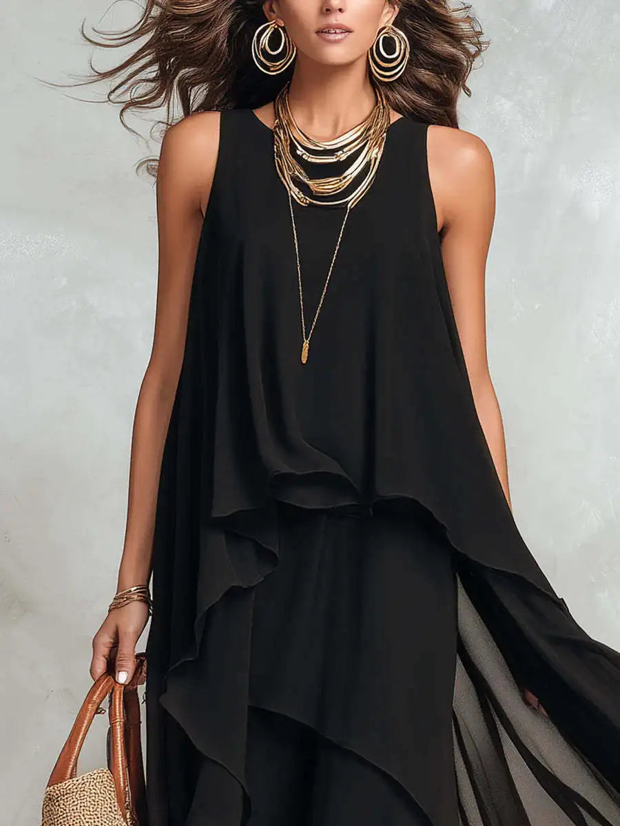 2026 new black sleeveless irregular chiffon long dress with elegant temperament for women