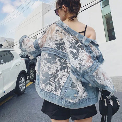 Mesh Embroidery Hole Denim Jacket  Summer Lace Stitching Girlish Top