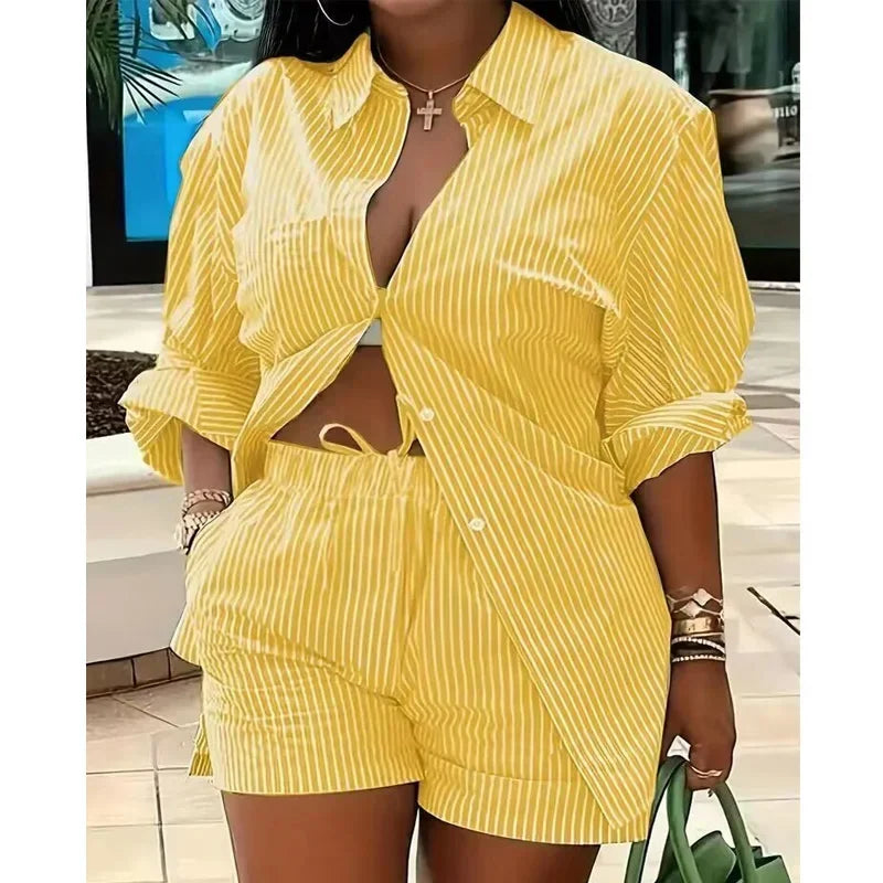 Fashion Colorful Striped Printed Two Piece Set Women Outfit Suit Casual Summer Button Up Long Sleeve Shirt and Shorts Set