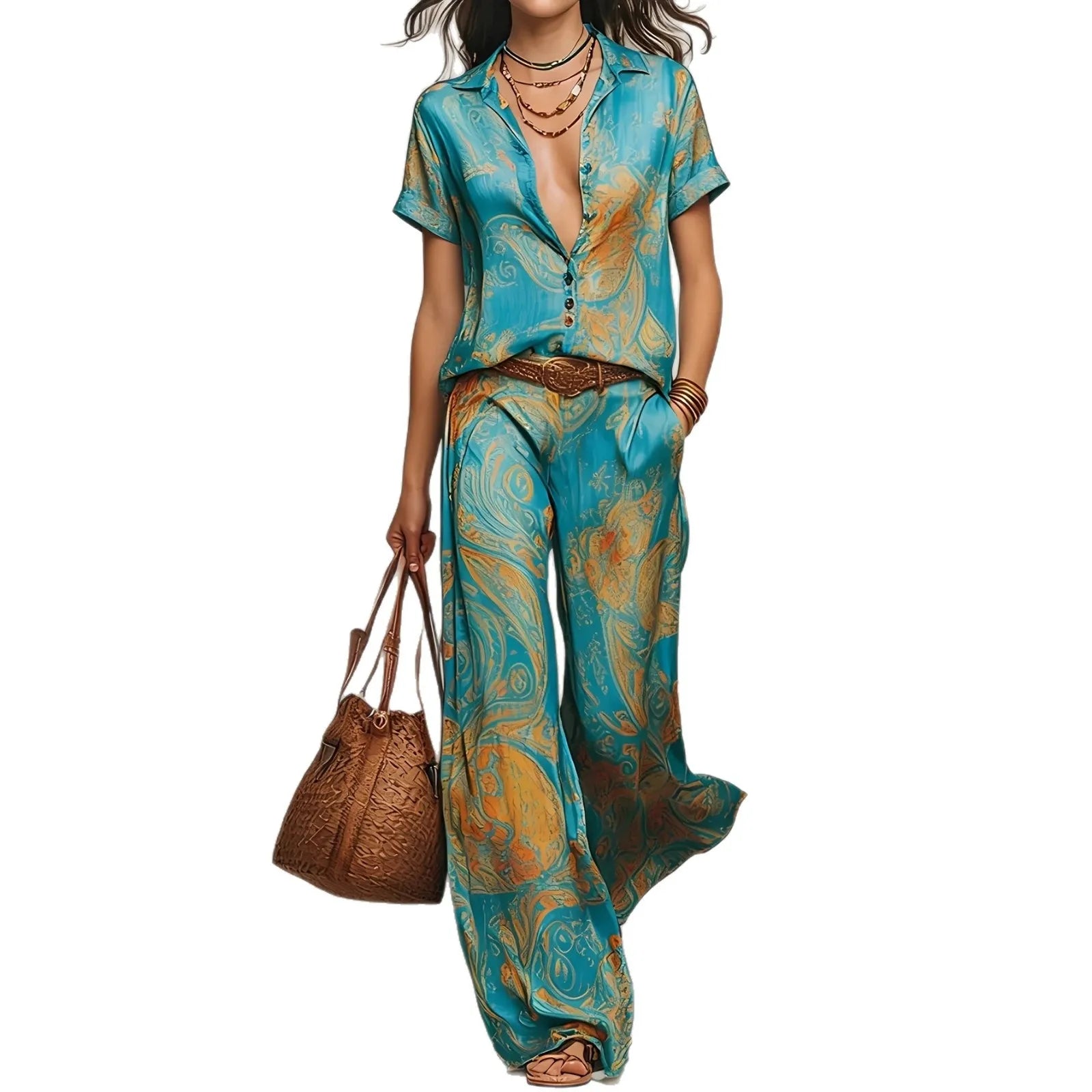 Summer Women's Vintage Print Two-Piece Set for Shirt Collar Button Short Sleeve Top Wide Leg Pants Casual Slim Suit for Vacation