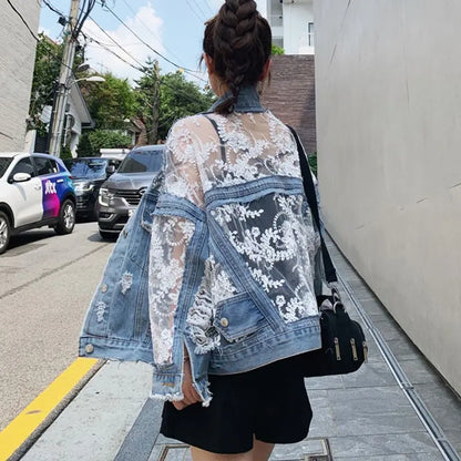 Mesh Embroidery Hole Denim Jacket  Summer Lace Stitching Girlish Top