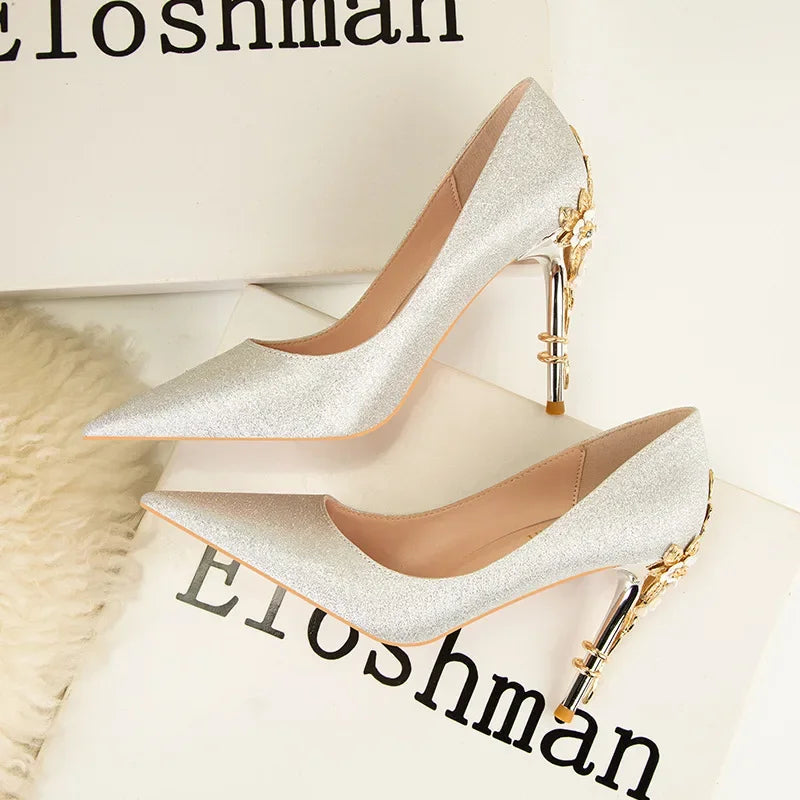 High End Metal Flower High Heels New European American Fashion Luxury Sexy Pointed Women's Shoes Banquet Party Casual Shoes