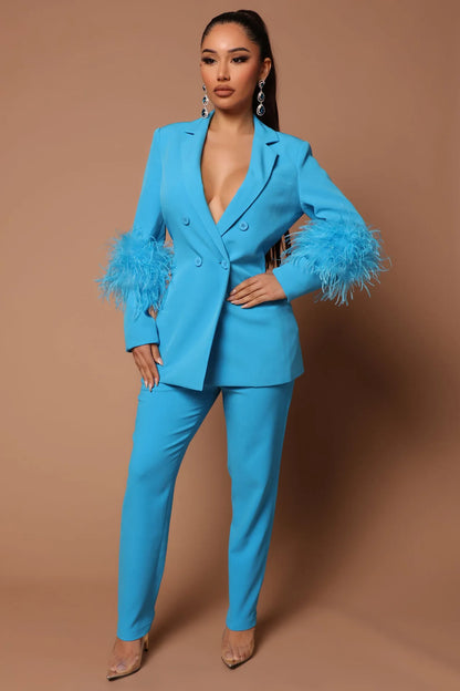 CM.YAYA Vintage Women Fur Hem Long Sleeve Blazer Suit and Pants  Chic OL Fashion Two 2 Piece Set Outfits Basic Tracksuit