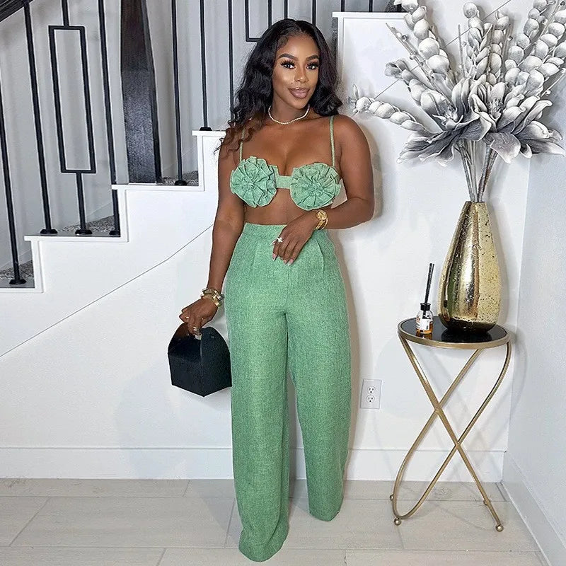 Joskaa Elegant 2 Piece Sets Women Sexy 3D Flower Crop Camisole and Straight Leg Pants Matching  Summer Vacation Streetwear