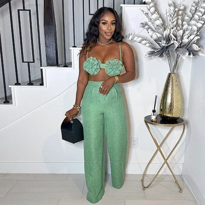 Joskaa Elegant 2 Piece Sets Women Sexy 3D Flower Crop Camisole and Straight Leg Pants Matching  Summer Vacation Streetwear