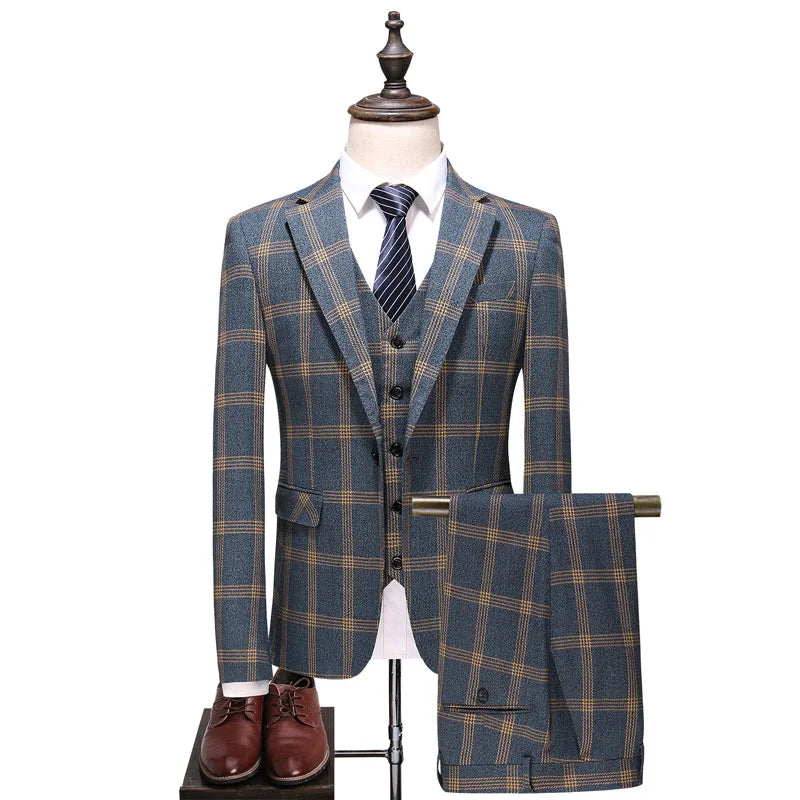 2023Men's Plaid Three-Piece Suit Set with Jacket, Pants, and Vest - Business Attire, Formal Wear, Weddings,Stylish, High-Quality