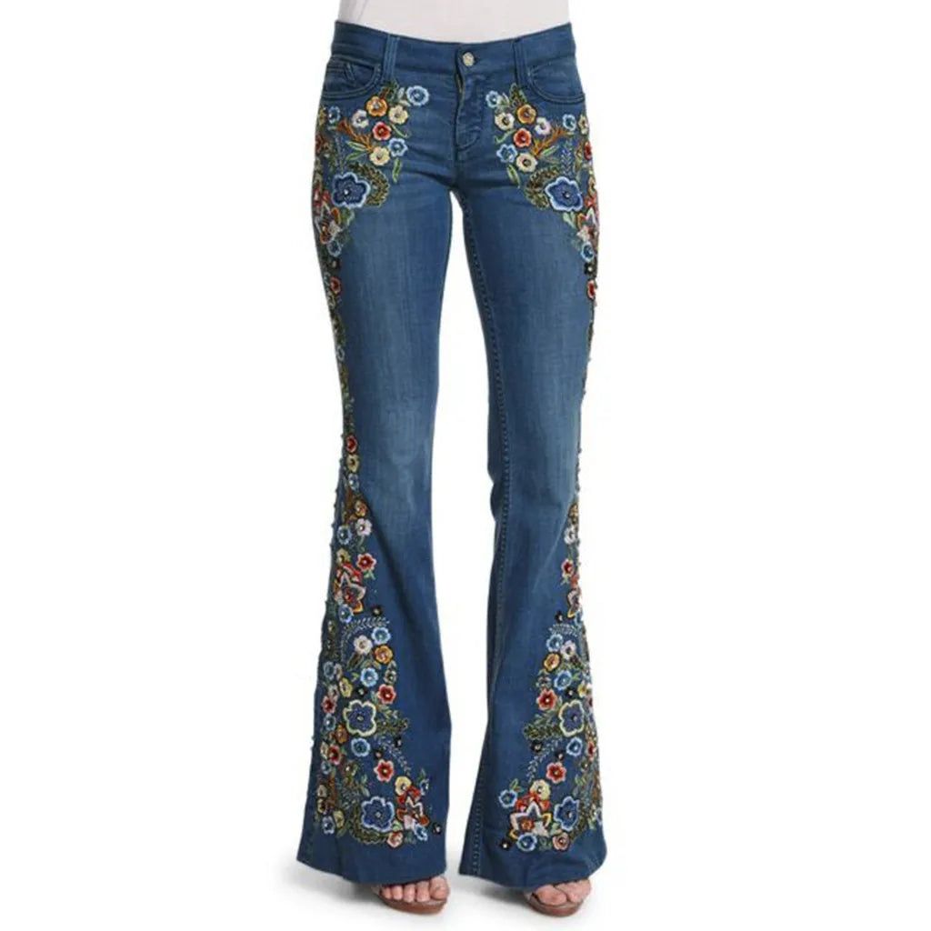 Women Retro Floral Embroidered Denim Flare Pants Straight Plus Size Trousers Elegant Woman Palazzo Wide Leg Jeans