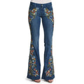 Women Retro Floral Embroidered Denim Flare Pants Straight Plus Size Trousers Elegant Woman Palazzo Wide Leg Jeans