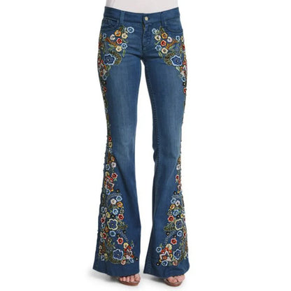 Women Retro Floral Embroidered Denim Flare Pants Distressed Straight Plus Size Trousers Elegant Women Palazzo Wide Leg Jeans