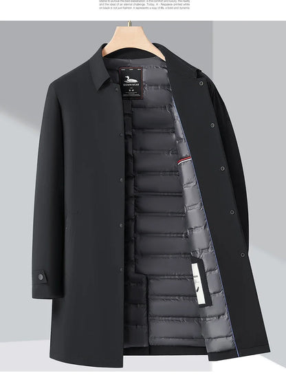 Luxury Brand Long Down Jacket Men's Winter Casual Thick Flip Collar White Duck Down Warm Parka Business Lightweight Trench Coat