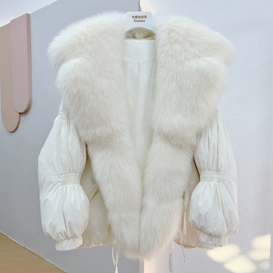 Hot Sales 2023 Women's Winter Coat Short Streetwear Loose Placket High-End Fox Fur Big Fur Collar White Duck Down Down Jacket