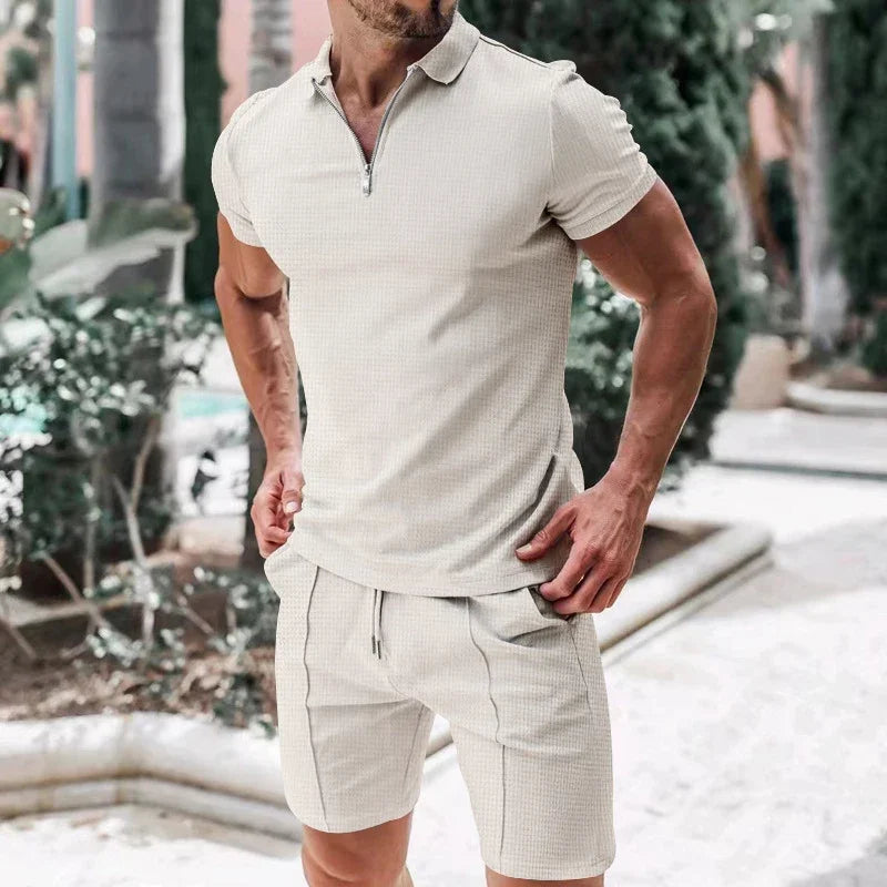2025 Summer Men's Polo Shirt Set Solid Color Waffle Short Sleeve Slim Fit Collar T-shirt Casual Men's Set