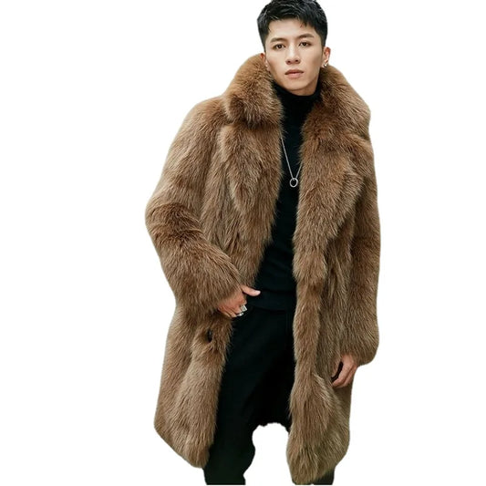 Tuscan Lambswool Faux Fur Coat Men Long Clothing Winter Imitation Fox Furry Trench Overcoat S-6XL