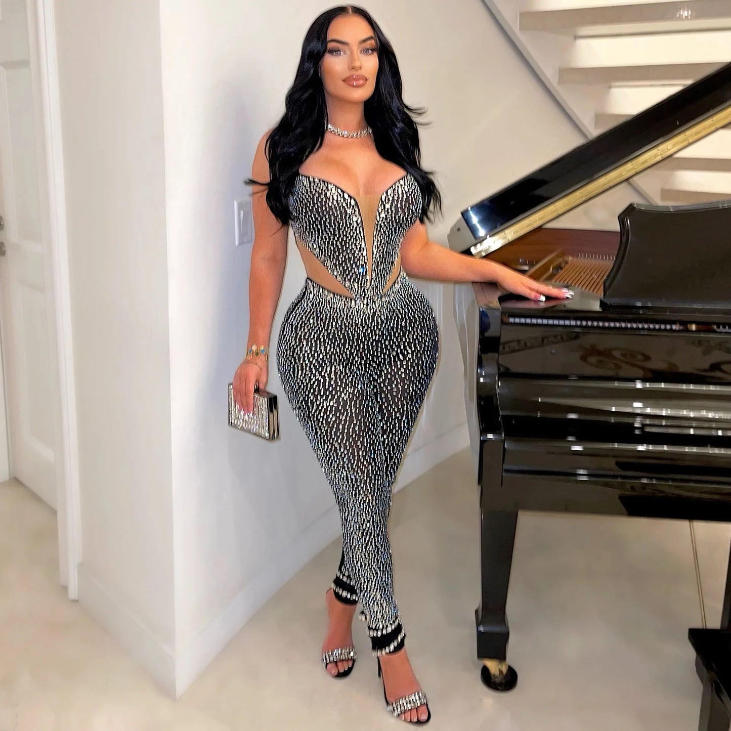 Rhinestone One Piece Sexy Jumpsuits 2023 Women Fall Winter Clothes Club Party Elegant Bodycon Silver Jumpsuit Bodysuit Playsuit