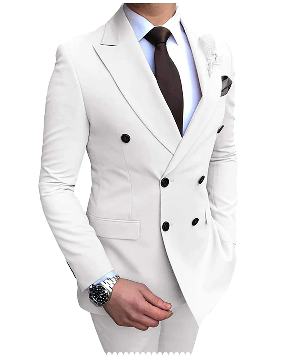 New Beige Men's Suit 2 Pieces Double Breasted Notch Lapel Flat Slim Fit Casual Tuxedos For Wedding(Blazer+Pants)
