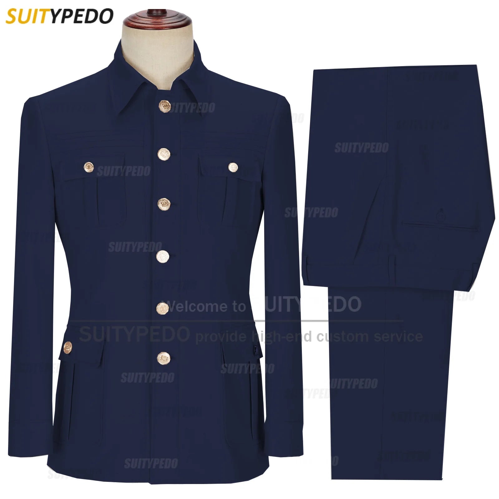 New Arrival  Elegant 2 Piece Slim Fit Men's Suits Fashion Four Pocket Wedding Party Suits（Blazer+Pants) Gold Button Texudos