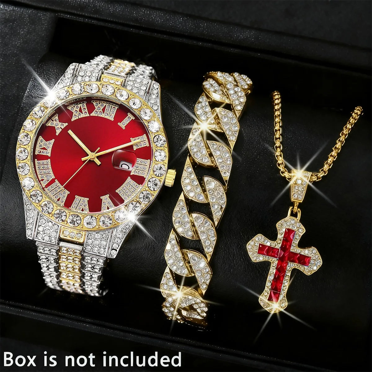 3PCS Luxury Full Diamond Men Watch Bracelet Necklace Set Fashion Hip Pop Men's Calendar Quartz Watches Reloj Mujer?Without Box?