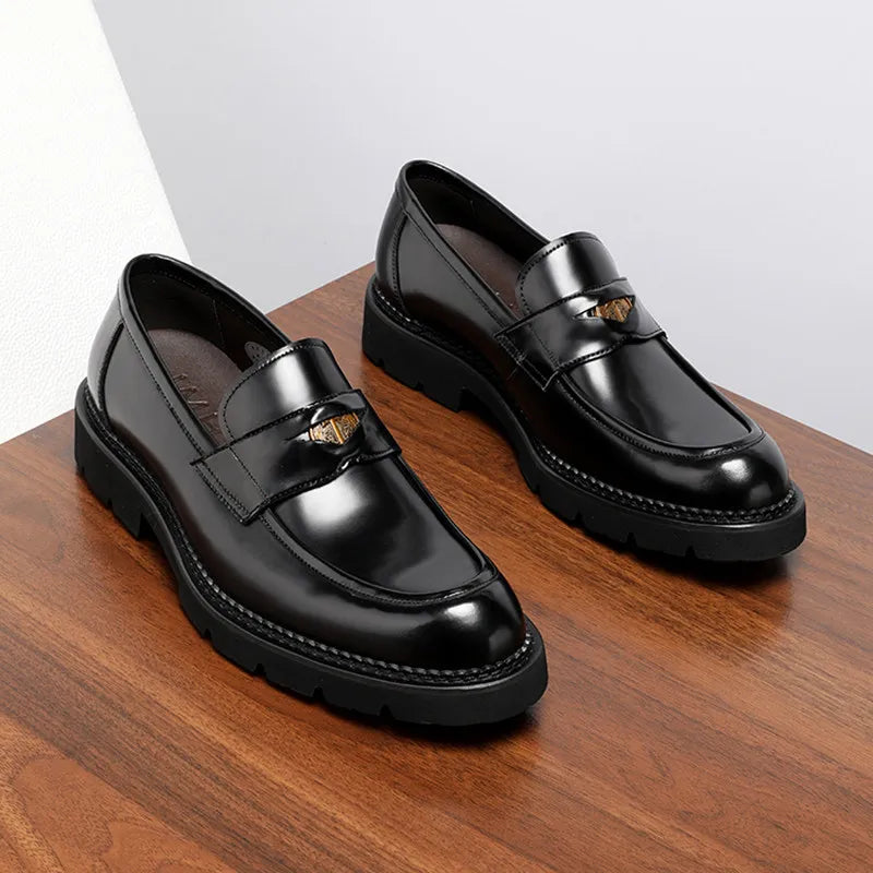 Men's Genuine Leather Height Increasing Loafers Summer Bright Finish British Style Thick Sole Business Casual Dress Shoes