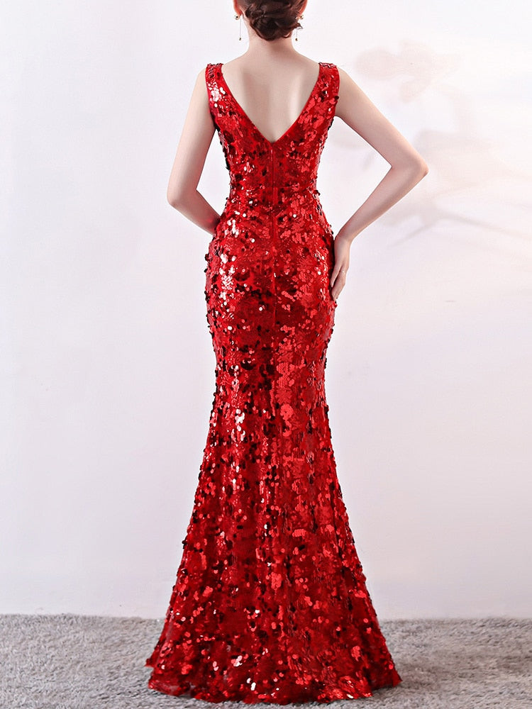 Lady-Apparel Luxury Beaded Glitter Red Evening Gown Women Stylish Sexy Belly Sheer Gauze V-neck Low-cut Fishtail Dress