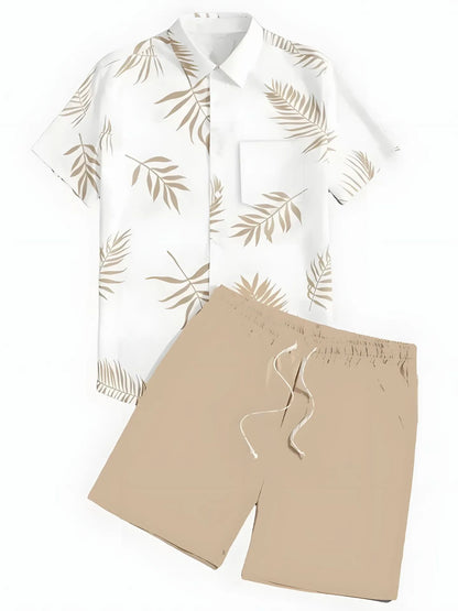 Comfortable Coconut trees leaves color blocking 3D Print shirt +Shorts Two Piece Set Short Sleeve Flip collar shirts half pants