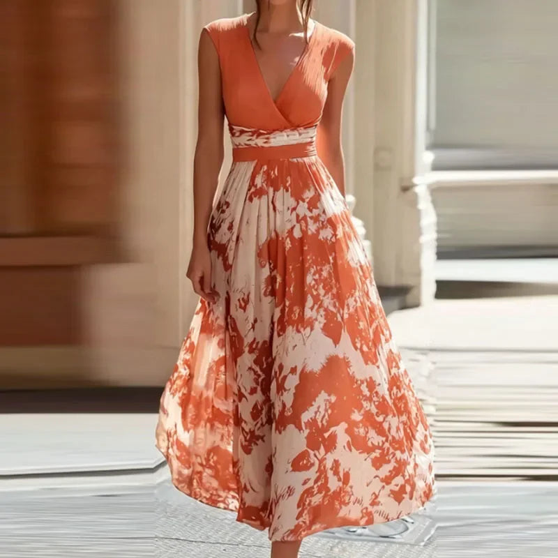 Women Sleeveless Print Maxi Dress Deep V Neck Pleated High Waist Flowy A Line Dress Summer Bohemian Beach Wedding Casual Dresses
