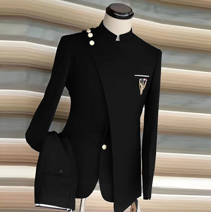 African Style Men's Suit 2 Piece Set Single Breasted Blazer Groom Wedding Tuxedo Gold Button Design Formal Jacket Pants 2 Piece