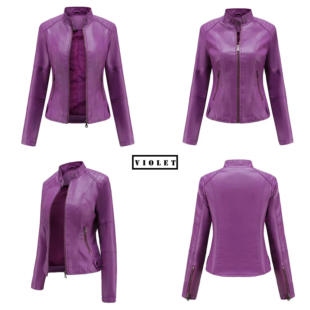 Autumn New Women's Leather Jacket, Fashionable Trim Motorcycle Women PU Coat Black Purple Brown Tops Female Menteau