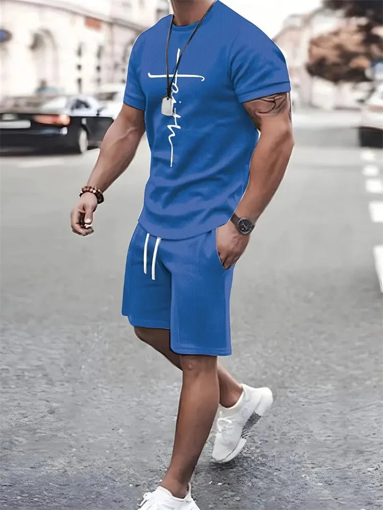 Mens T Shirt Shorts Set Fashion Mens Cross Printed Short Sleeve Two Pieces Oversized Outdoor Beach Sports Men's Plus Size Suit