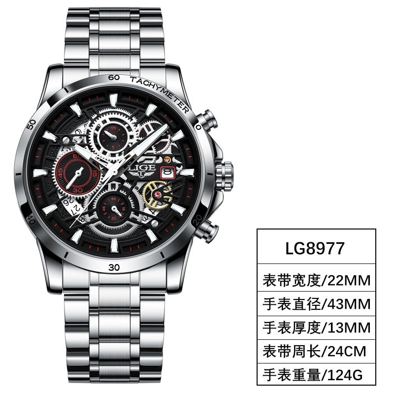 2023 LIGE Mens Watches Top Brand Stainless Steel Hollow Sports Waterproof Quartz Watch Men Military Wristwatch Relogio Masculino