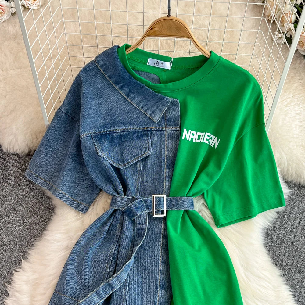 Elegant Summer Women Patchwork Denim Shirts Vintage Casual Slim Blouses Tops with Belted Female Fashion Pullover Clothes New